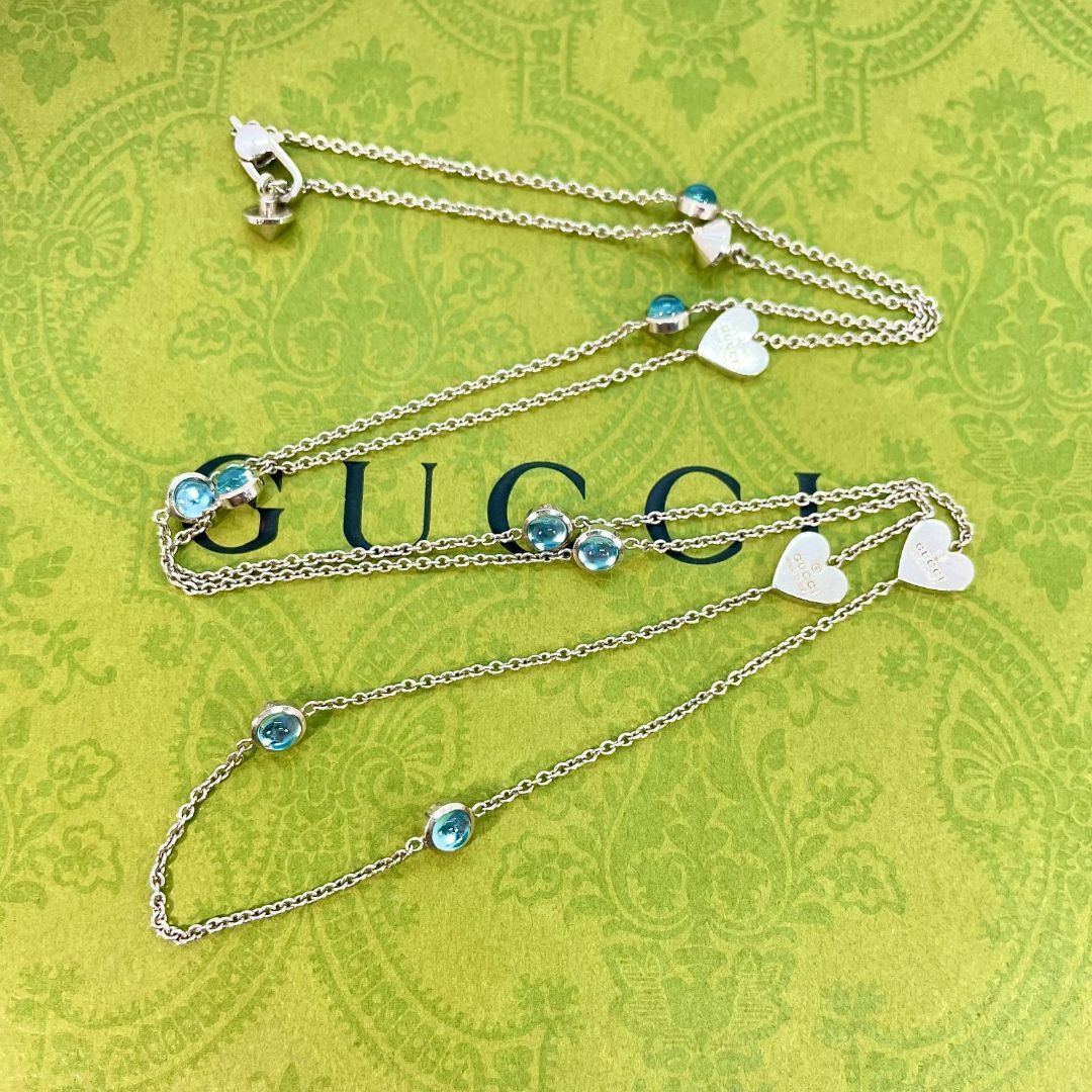 Gucci(グッチ)のグッチ ハートロゴ シルバーロングネックレス ブルートパーズ ストーン★414 レディースのアクセサリー(ネックレス)の商品写真