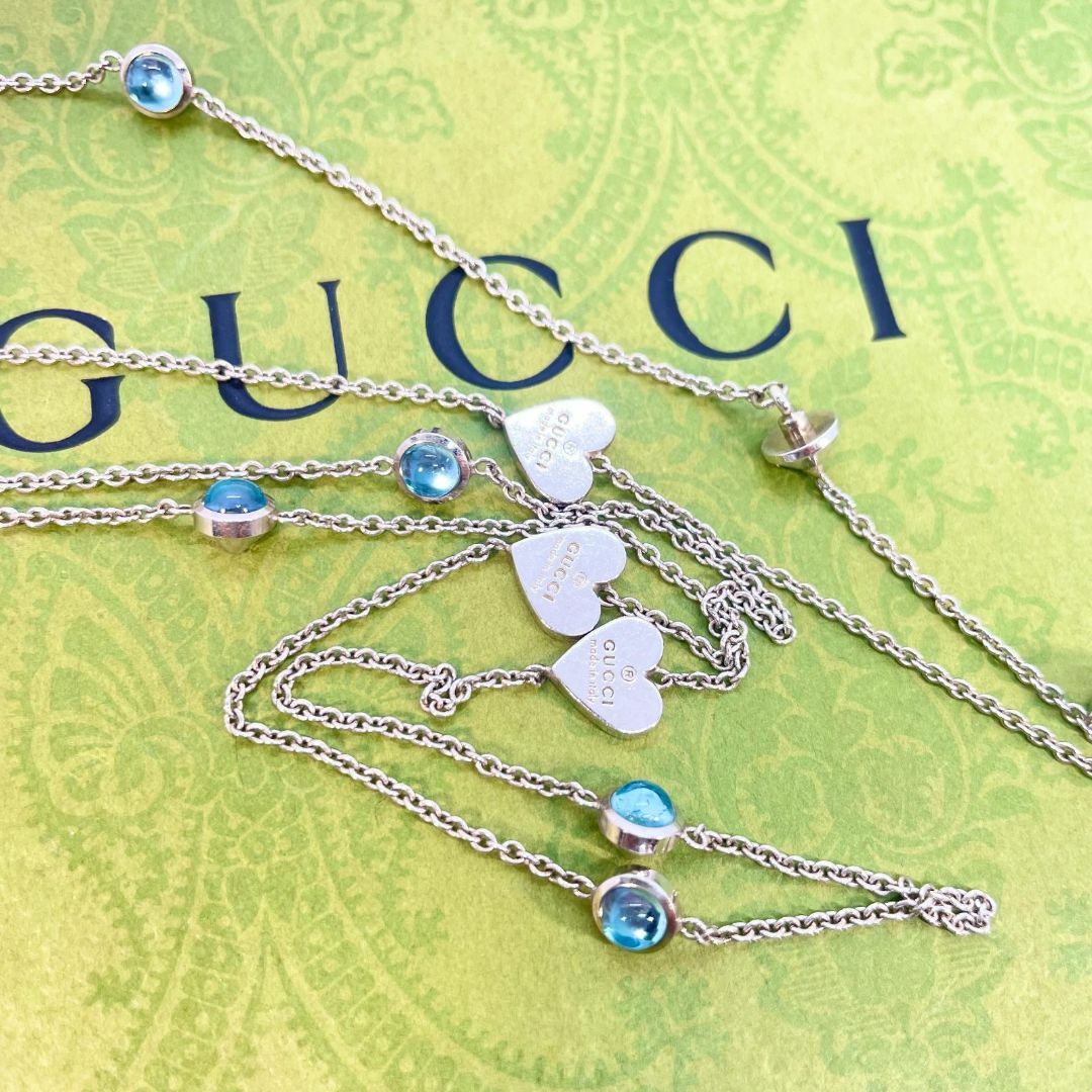 Gucci(グッチ)のグッチ ハートロゴ シルバーロングネックレス ブルートパーズ ストーン★414 レディースのアクセサリー(ネックレス)の商品写真