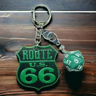 ハンドメイド　ROUTE66 ヌメ革 ダイス キーホルダー シルバー　グリーン(キーホルダー)