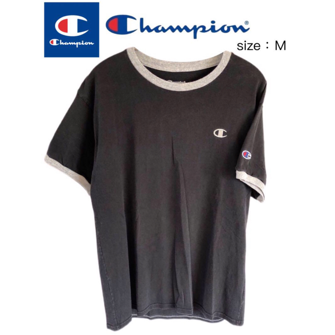 Champion(チャンピオン)のChampion　刺繍ロゴ　リンガーTシャツ　M　黒✕グレー　USA古着 メンズのトップス(Tシャツ/カットソー(半袖/袖なし))の商品写真