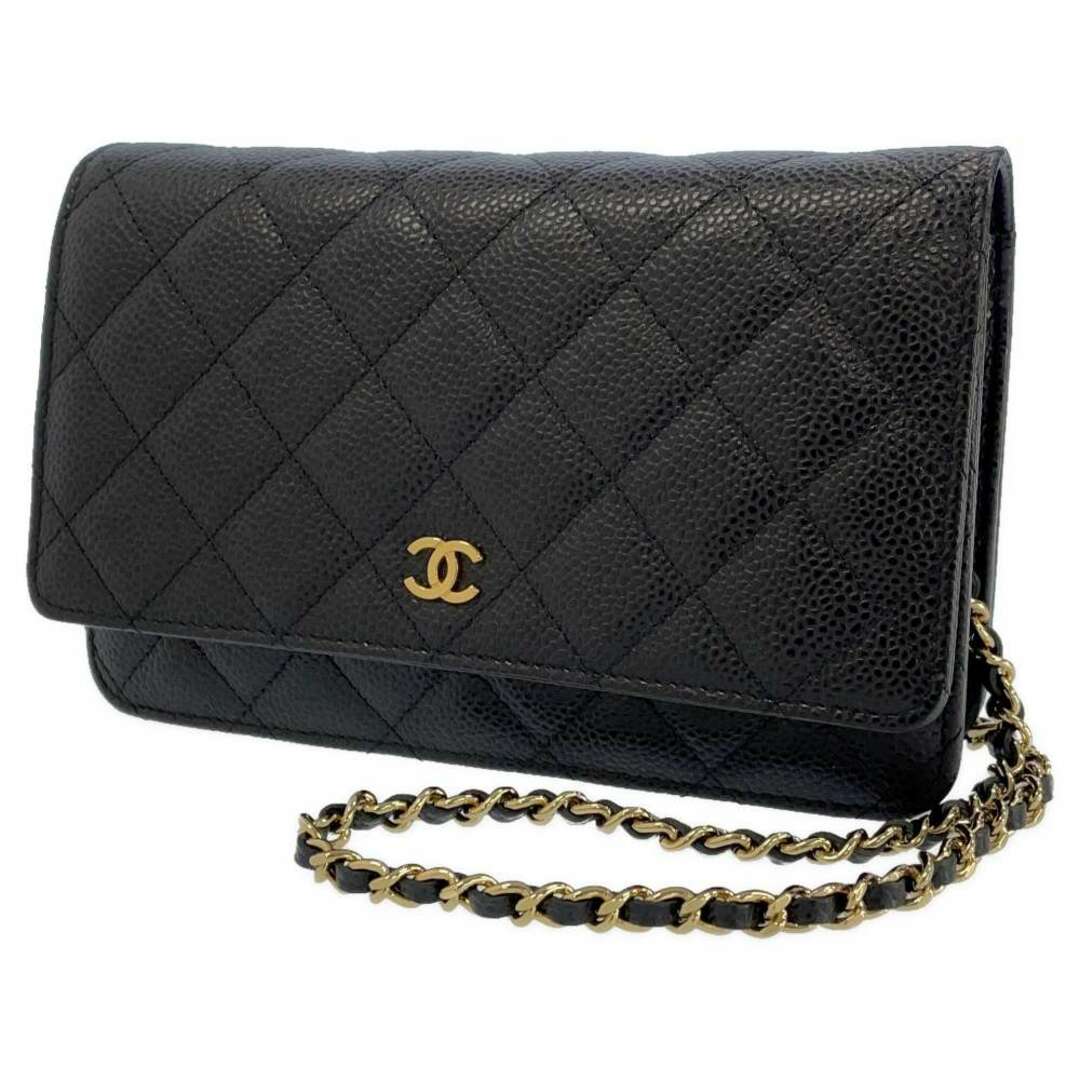 シャネル　CHANEL　キャビアスキン　マトラッセ　チェーンウォレット　黒　財布