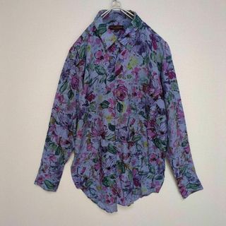 アートヴィンテージ(ART VINTAGE)の★花柄シャツ 総柄 ボタニカル アート調 薄手 胸ポケット 水色 古着★(シャツ)