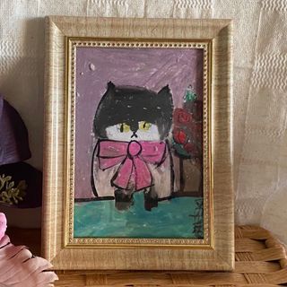 絵画。原画手描き【ピンクの蝶ネクタイをした黒猫ちゃんは赤いバラが好きです】(絵画/タペストリー)