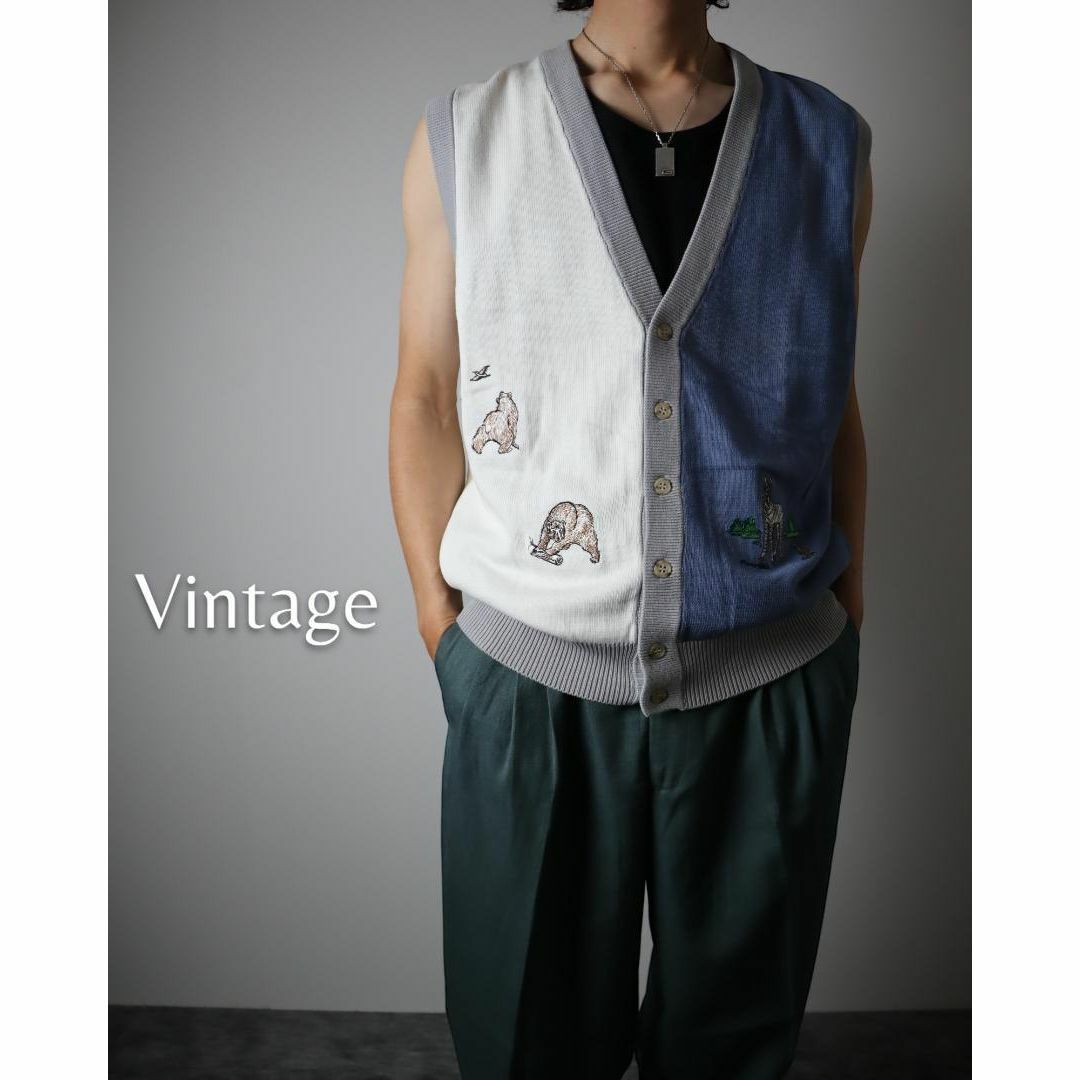 arieニット✿【vintage】デッドストック 刺繍 デザイン 多色 綿ニット ベスト 青×白