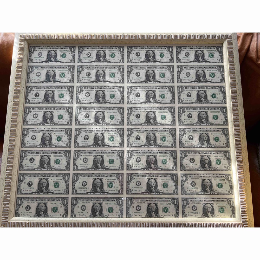 2003年製 アメリカ紙幣  1ドル紙幣 未裁断シート 32枚 額縁付 金運715×62×2cm