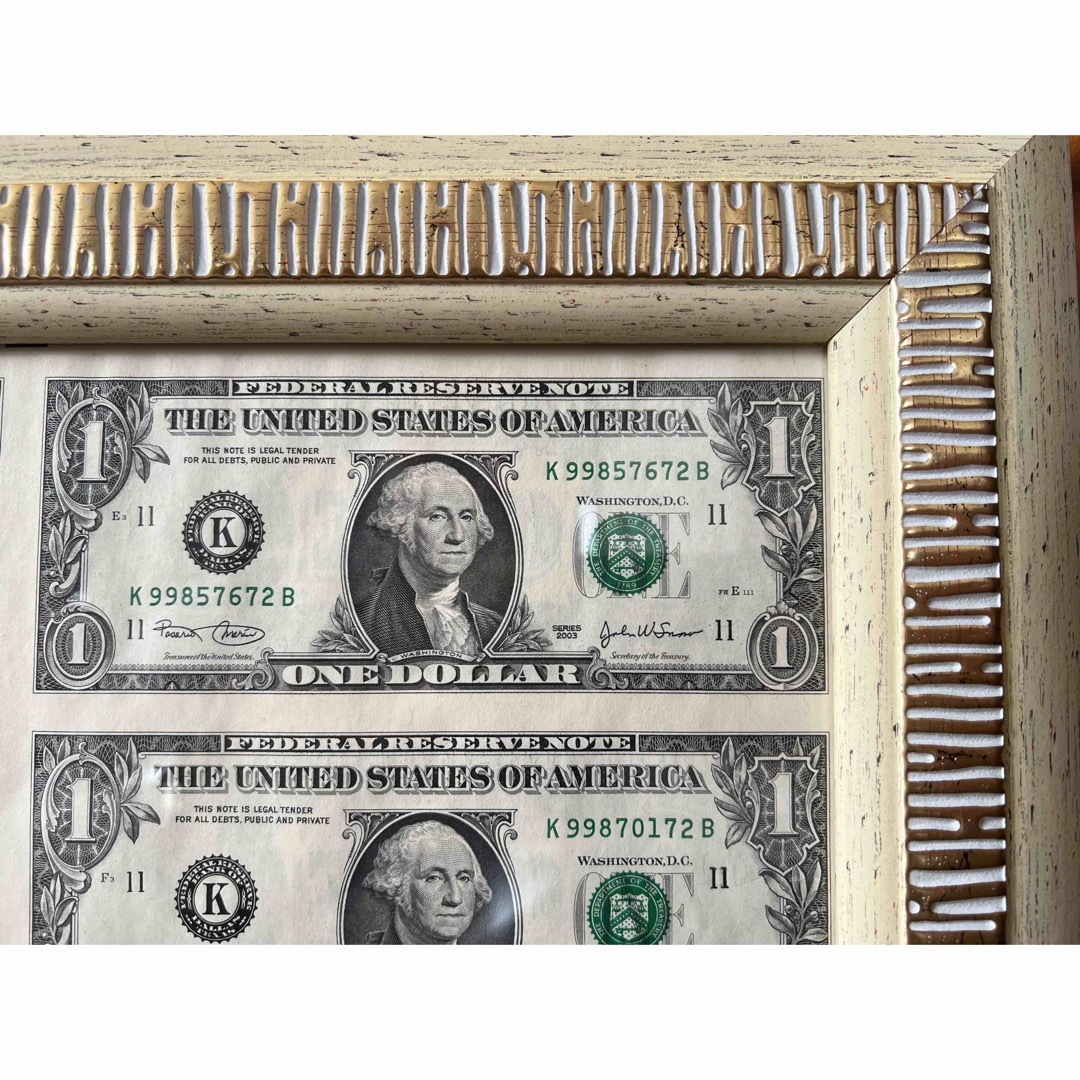 2003年製 アメリカ紙幣  1ドル紙幣 未裁断シート 32枚 額縁付 金運