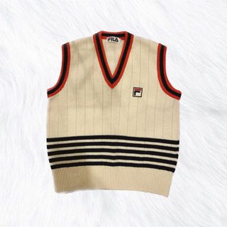 FILA - フィラ 90s ウール 100% イタリア製 Vネック ニット 40 白系
