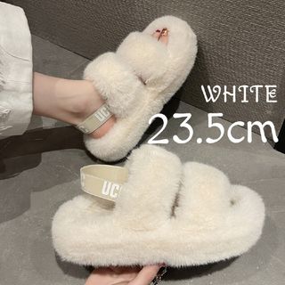 ファーサンダル もこもこ ホワイト 韓国 おしゃれ 厚底 秋 冬 23.5cm(サンダル)