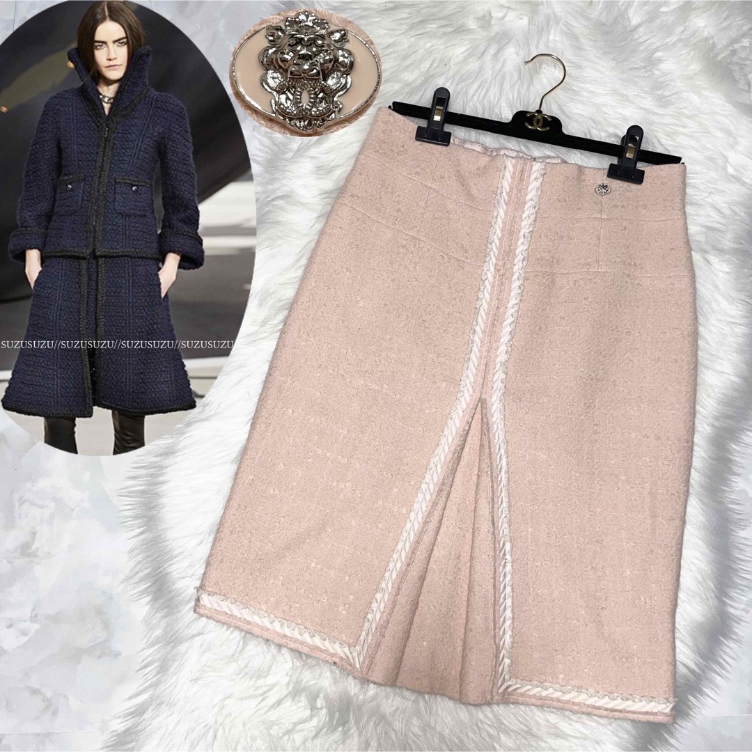 CHANEL(シャネル)の本物 シャネル COCO装飾 パイピング ツイード スカート 38 ピンク系 レディースのスカート(ひざ丈スカート)の商品写真