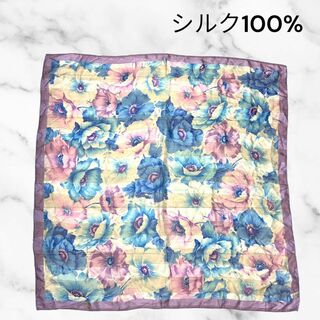 ディオール(Dior)の花柄シルクスカーフ　正方形　薄手　透け感　上品　絹　パープル　83×83cm(バンダナ/スカーフ)