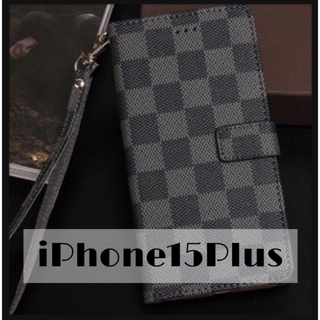 チェック柄 手帳型 iPhoneケース iPhone15Plus ブラック(iPhoneケース)