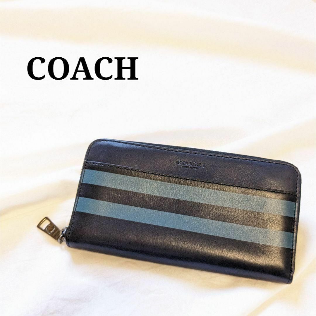 代引可】 美品 COACH コーチ 長財布 ネイビー 75132 メンズ ブランド