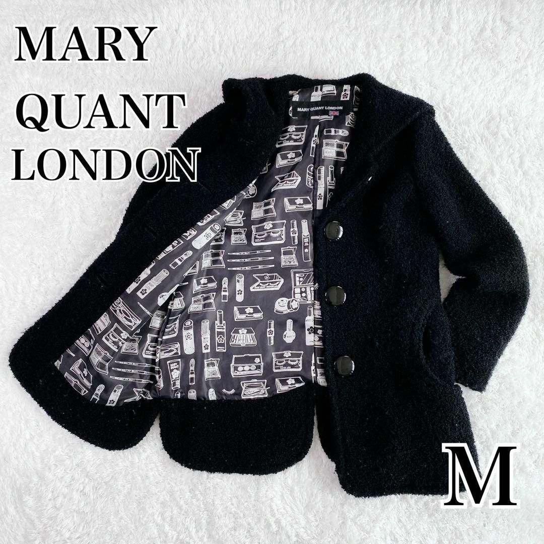 MARY QUANT(マリークワント)の日本製 マリークワント コート ウール デイジー ブラック コスメ 総柄 M レディースのジャケット/アウター(ニットコート)の商品写真