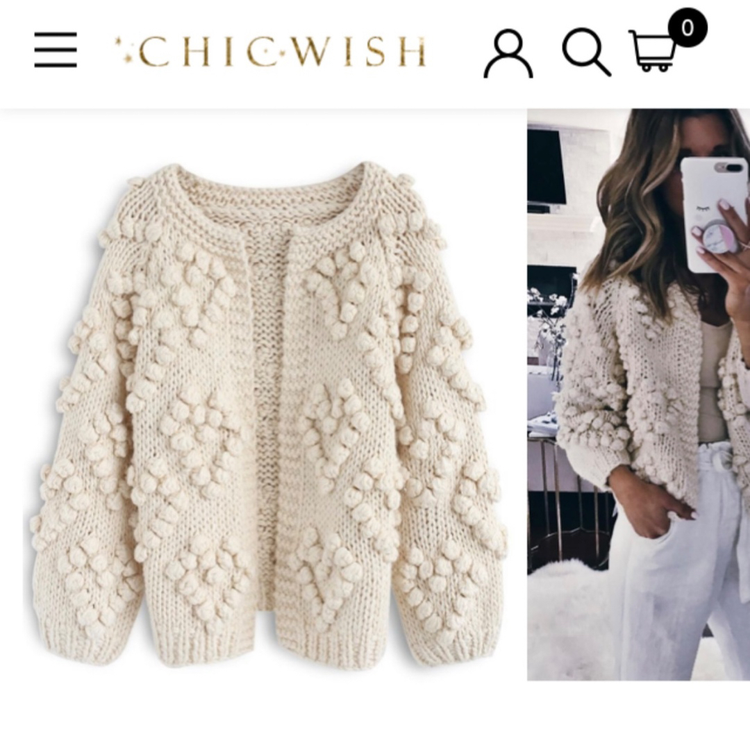 Chicwish(シックウィッシュ)のCHICWISH チックウィッシュ ハート付き ポンポン ニット カーディガン レディースのトップス(ニット/セーター)の商品写真