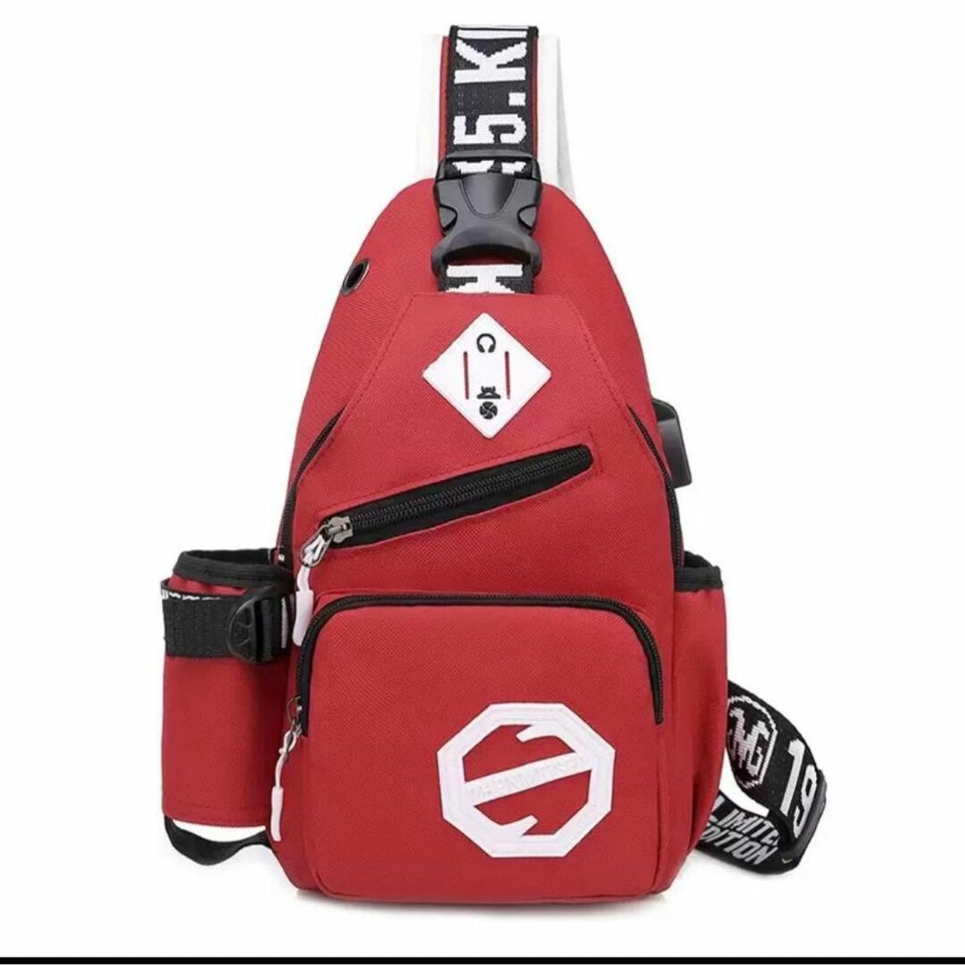 ボディバッグ　赤 男女兼用 ドリンクポケット　USB口　ワンショルダー　大容量 レディースのバッグ(ボディバッグ/ウエストポーチ)の商品写真