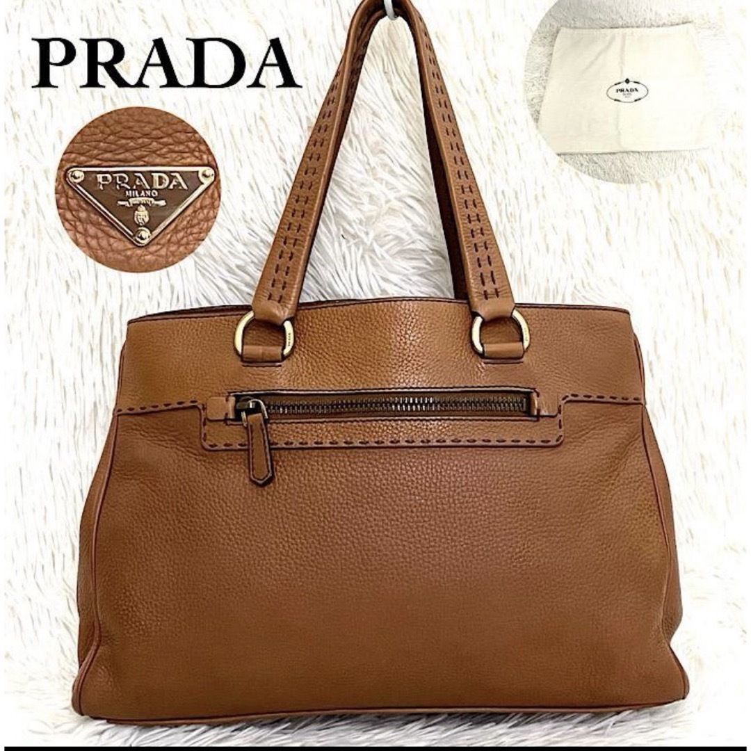 PRADA - 極美品☆プラダ トートバッグ 高級シボ革 ロゴプレート オール