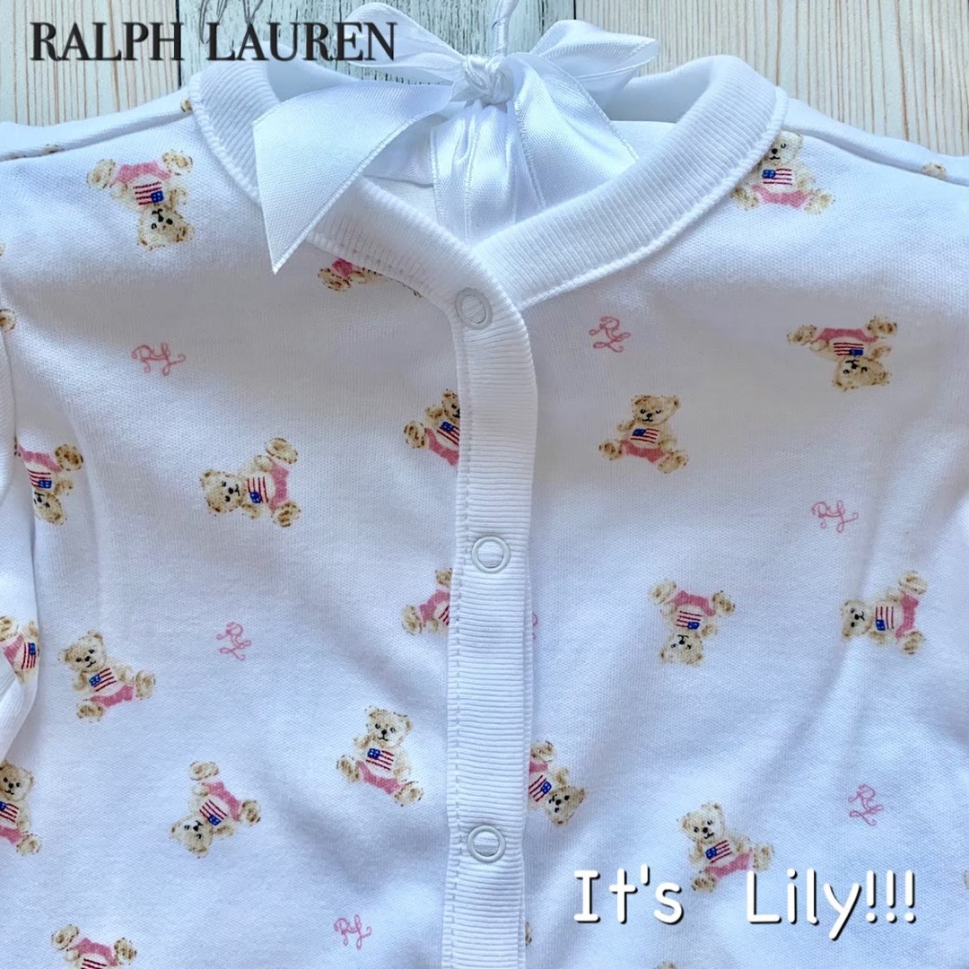 Ralph Lauren(ラルフローレン)の3m60cm 長袖　ロンパース　白　ピンク　フラグベア　ラルフローレン キッズ/ベビー/マタニティのベビー服(~85cm)(ロンパース)の商品写真