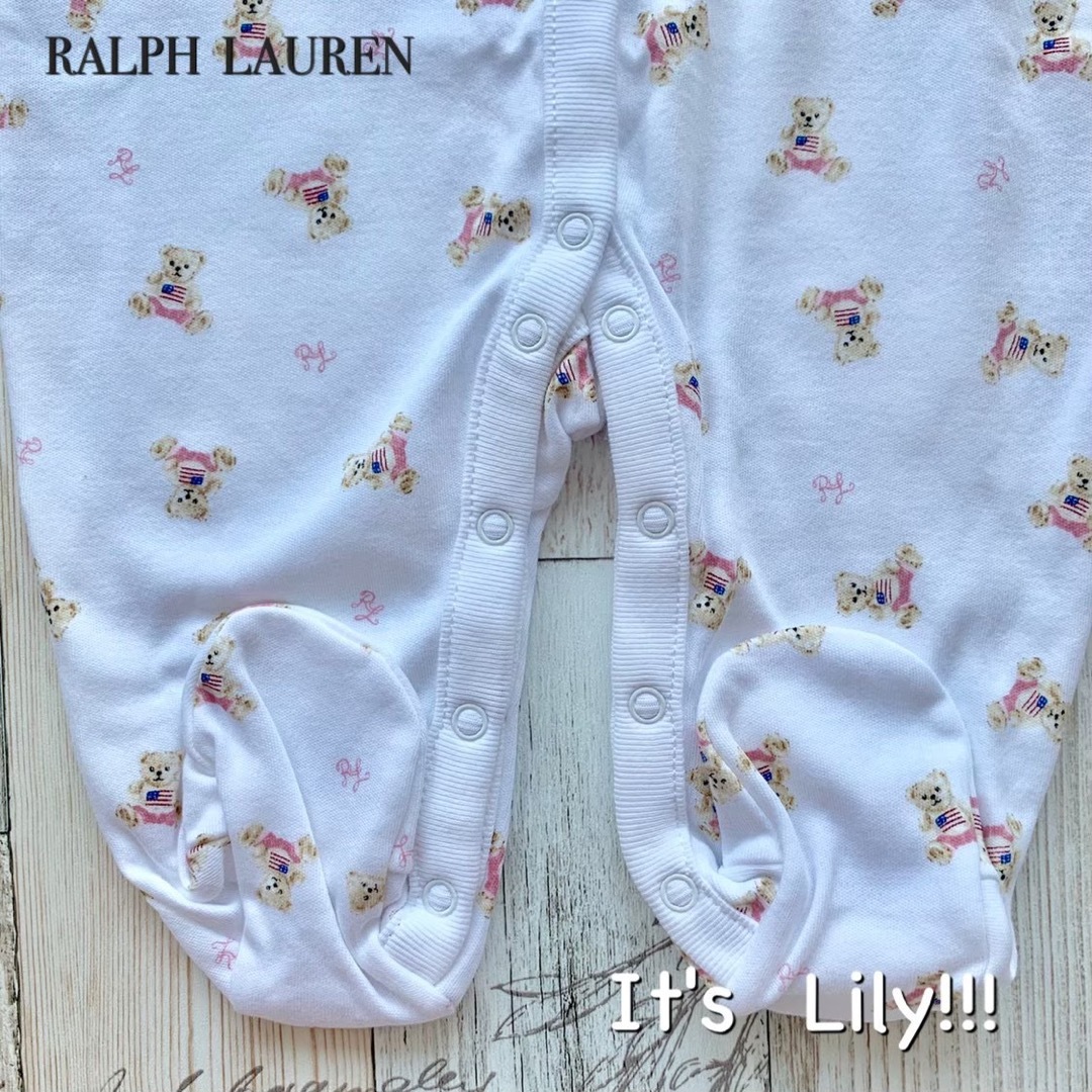 Ralph Lauren(ラルフローレン)の3m60cm 長袖　ロンパース　白　ピンク　フラグベア　ラルフローレン キッズ/ベビー/マタニティのベビー服(~85cm)(ロンパース)の商品写真