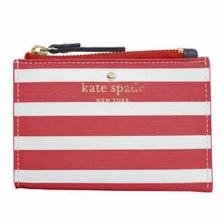 ケイトスペードニューヨーク(kate spade new york)の本物 ケイトスペード kate spade ストライプ コインケース 小銭入れ レザー ピンク ホワイト 財布 ウォレット 中古(コインケース)