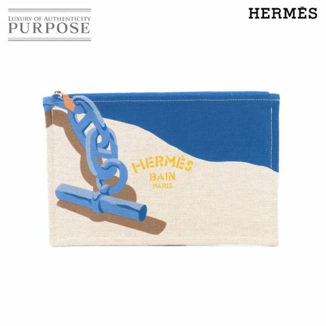 付属品なし未使用 展示品 エルメス HERMES シェーヌダンクル ヨッティング PM ポーチ Escale a la Plage Case コットン キャンバス ブルー VLP 90215443