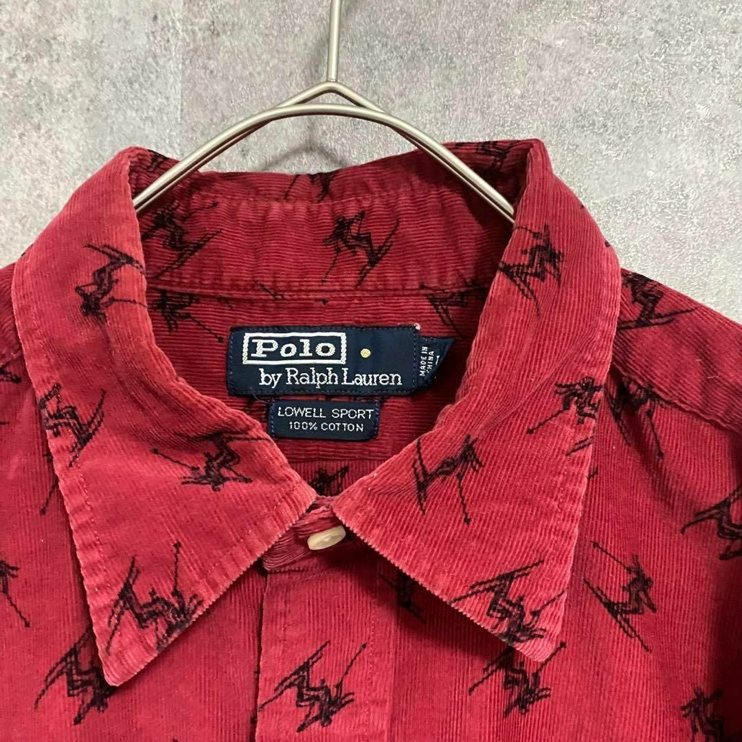 POLO RALPH LAUREN(ポロラルフローレン)の90s ラルフローレン　総柄シャツ　コーデュロイ　スキー　メンズL 赤　古着 メンズのトップス(シャツ)の商品写真