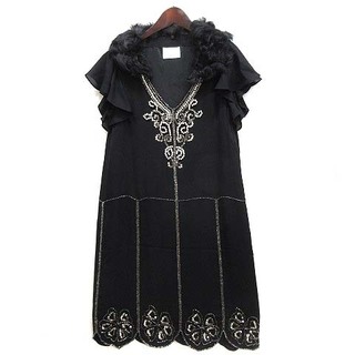 グレースクラス シルク ドレス ワンピース 襟ファー 刺繍 ブラック 黒 36(ひざ丈ワンピース)