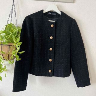 ZARA WOMAN コットンツイード ブラック ノーカラー