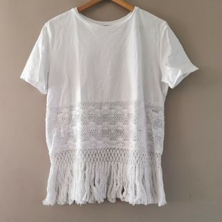 ザラ(ZARA)の美品 ZARA クロシェット 半袖Tシャツ ホワイト L(Tシャツ(半袖/袖なし))