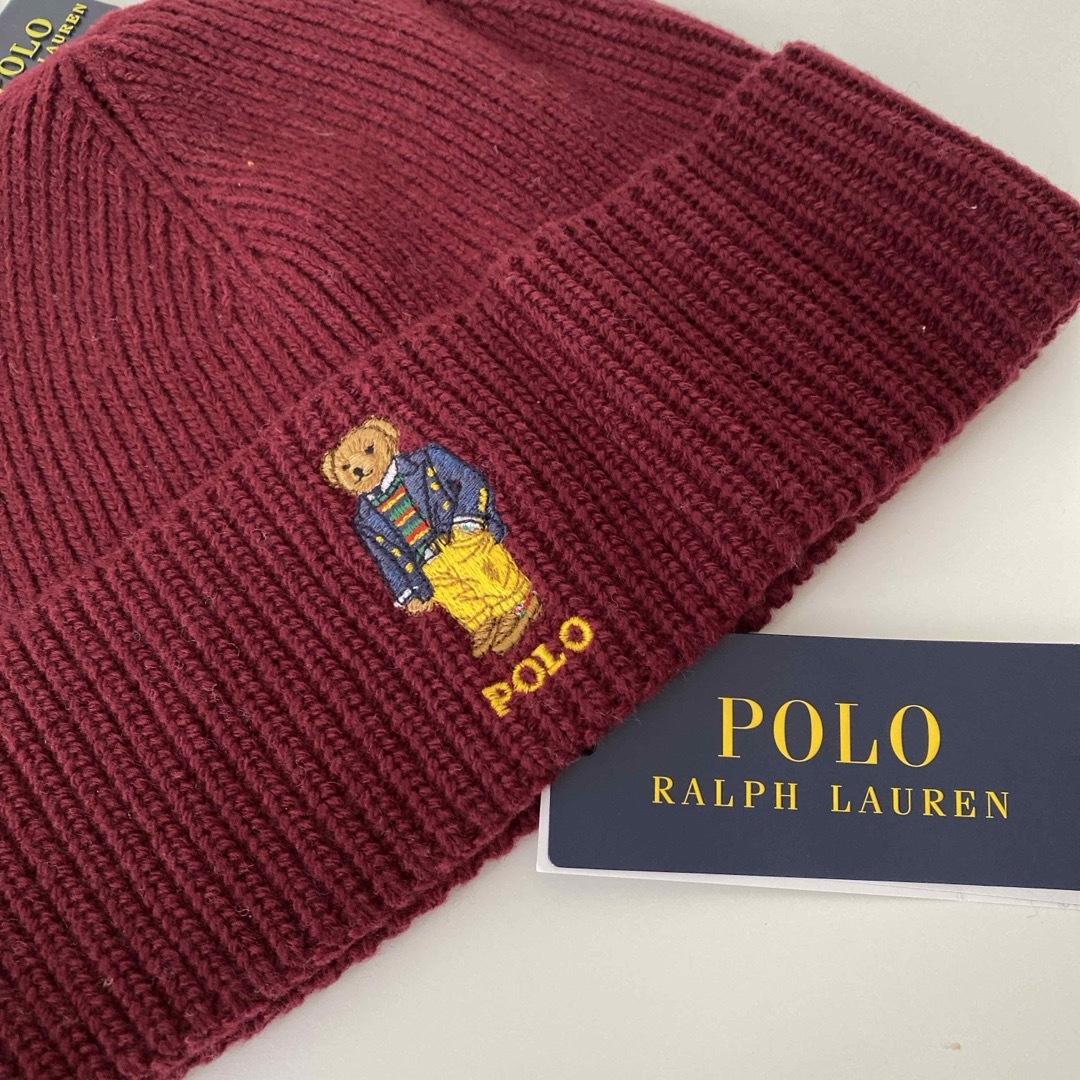 POLO RALPH LAUREN(ポロラルフローレン)のPOLOラルフローレン ポロベア刺繍 ニット帽 フリーサイズ ワインレッド メンズの帽子(ニット帽/ビーニー)の商品写真