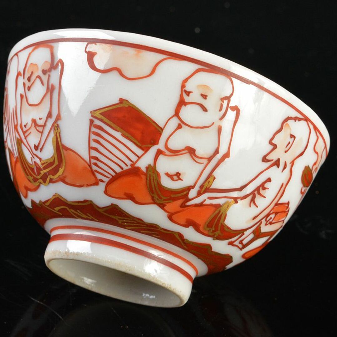 九谷焼　青木木米　聾米造　赤絵金彩　人物文　煎茶碗　十客　時代箱付　MR6559