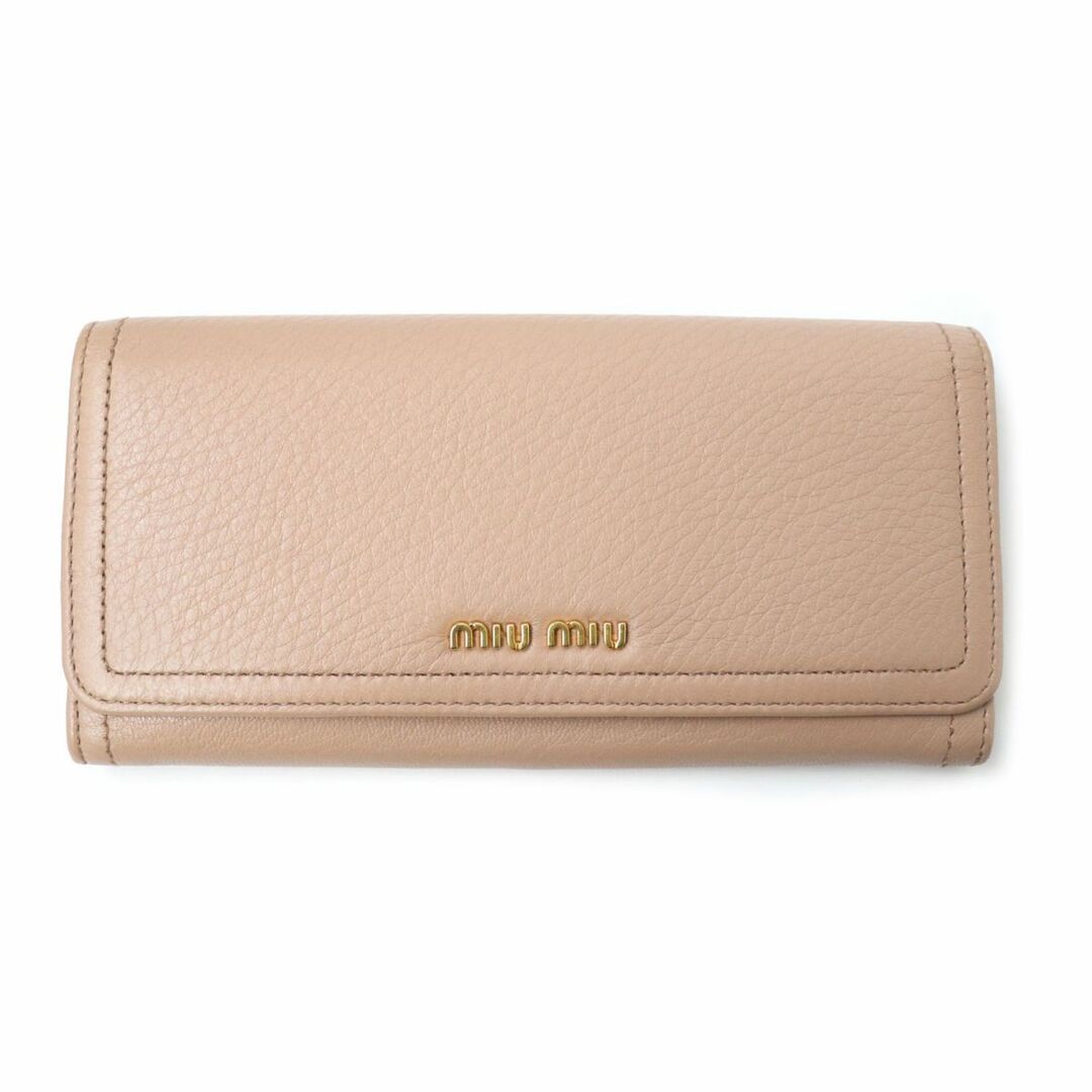 極美品★MIU MIU ミュウミュウ ロゴ金具 レザー フラップ式 二つ折り ロングウォレット／長財布 レディース ピンクベージュ 箱付き |  フリマアプリ ラクマ