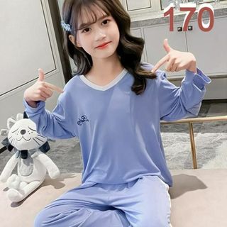 長袖 170 パジャマ 秋冬 韓国 子供服 女性 ストレッチ 長ズボン ブルー(パジャマ)