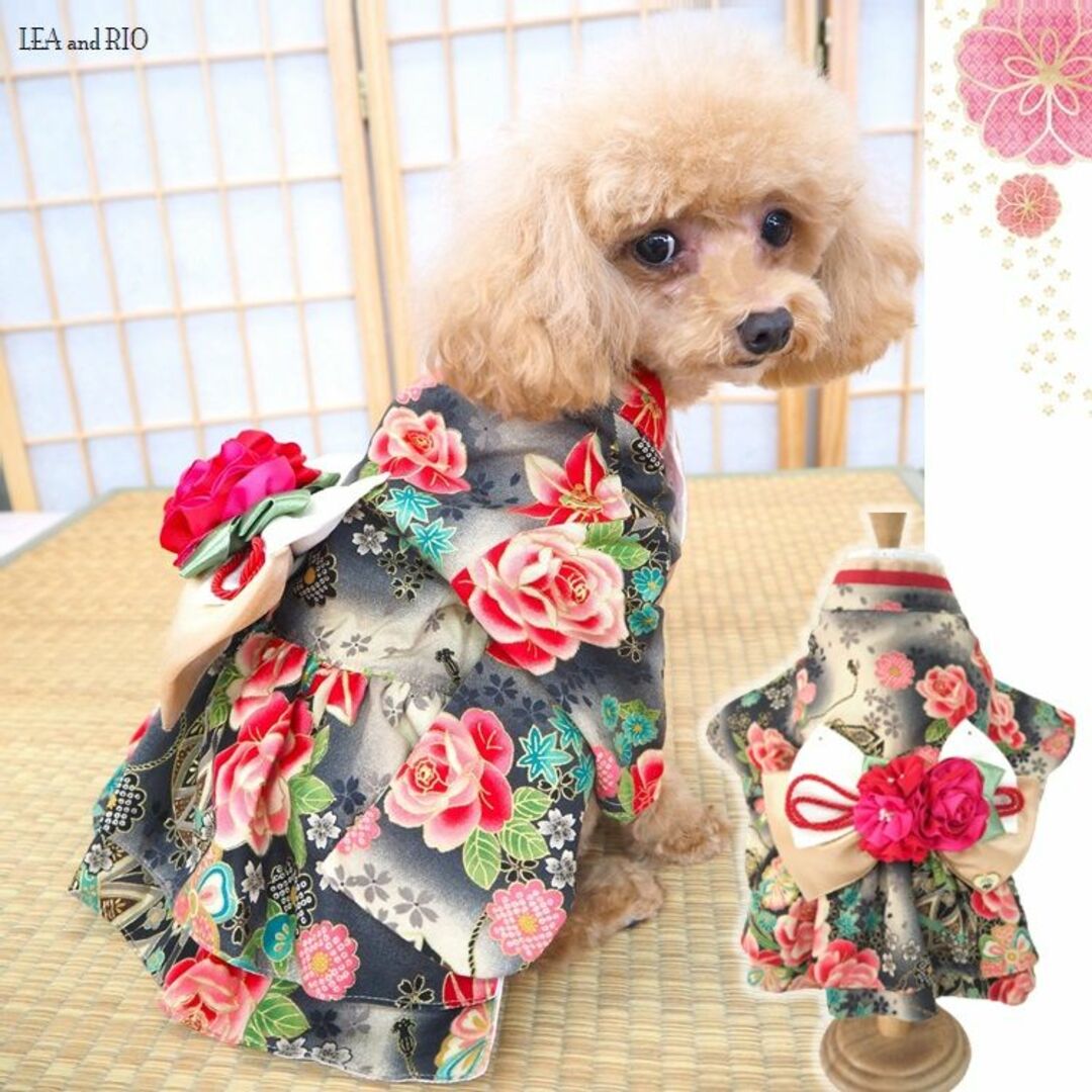 犬ワンピース 着物風 和柄 和風 花柄 犬 猫 ペット 犬の服 猫の服 P733