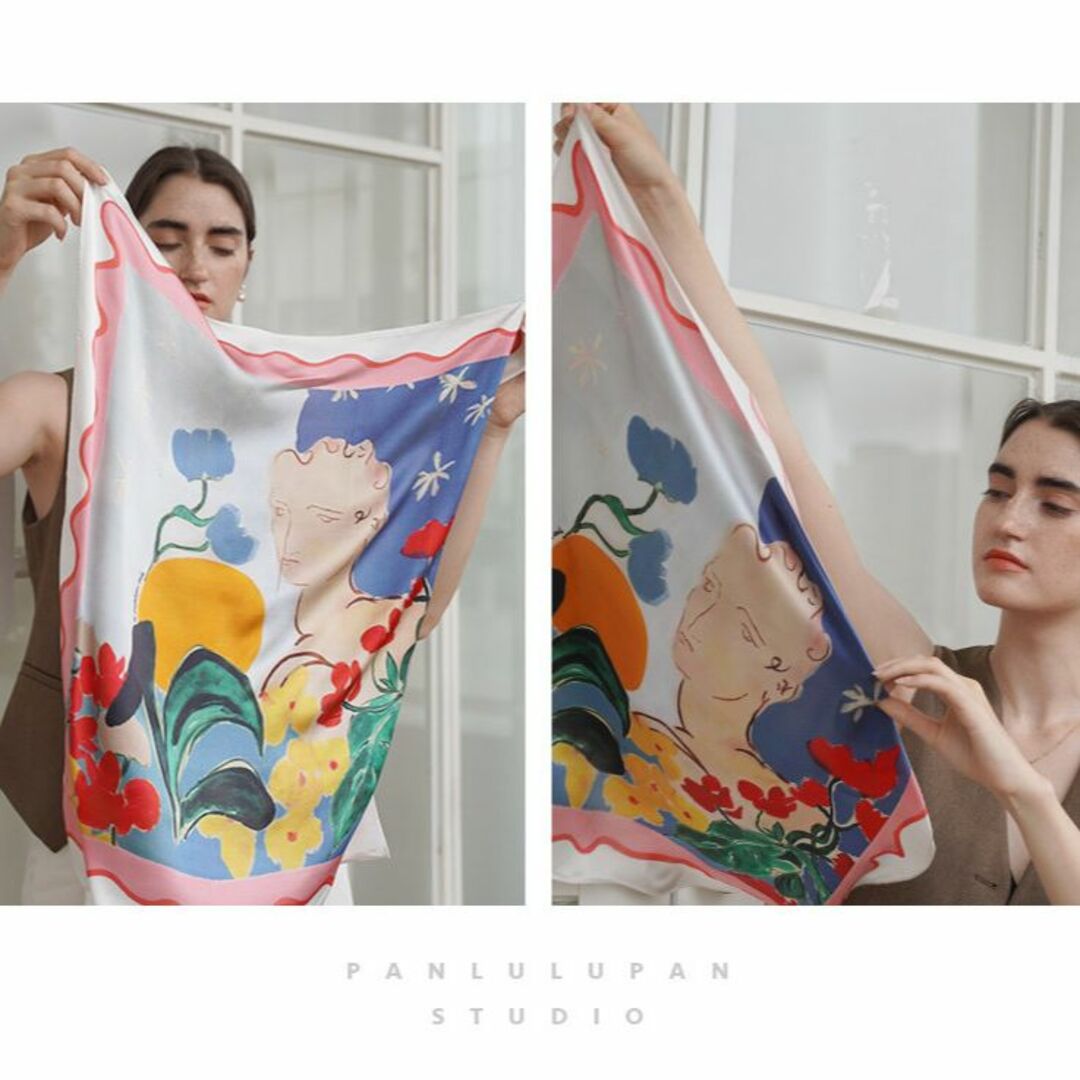 ファッション小物Panlulupan フレンチ シルク100% 大判 カラフルアートスカーフ