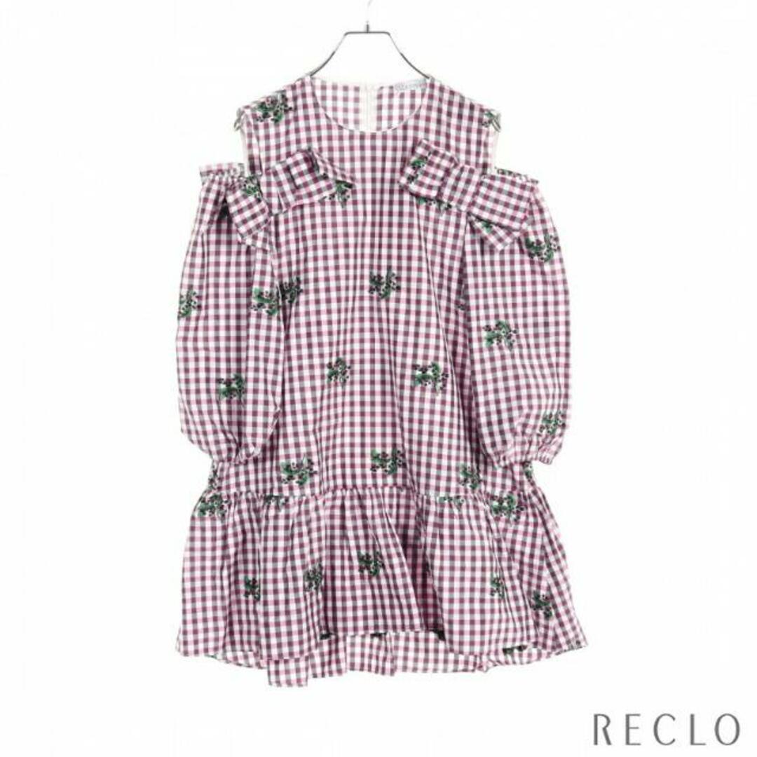 RED VALENTINO(レッドヴァレンティノ)のリボンディテール MAY LILYモチーフ ギンガム タフタ ドレス ワンピース ライトパープル マルチカラー レディースのワンピース(ひざ丈ワンピース)の商品写真