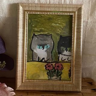 絵画。原画手描き【2匹のかわいい猫はピンクの花を見るのが好きです】(絵画/タペストリー)