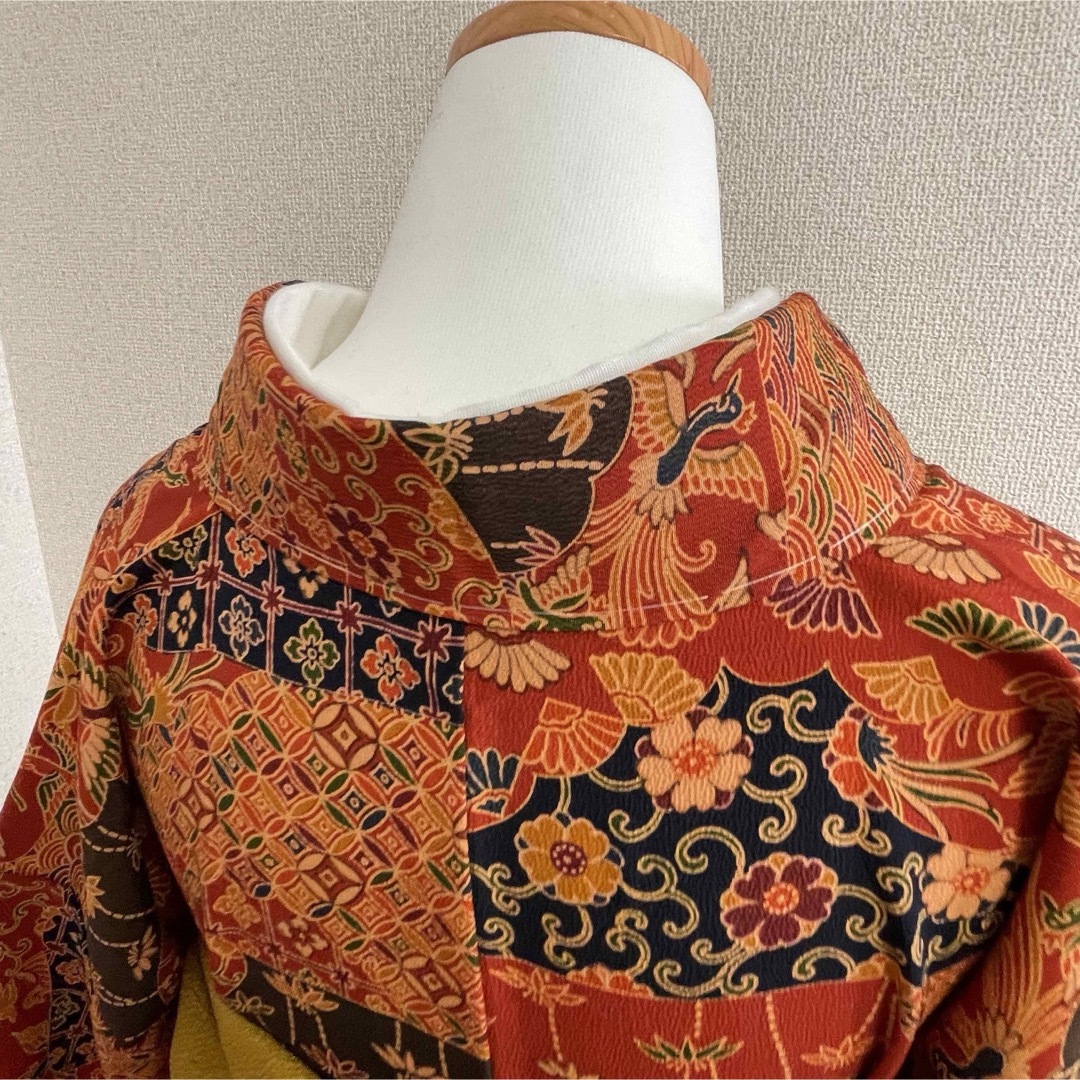 袷 正絹 小紋 着物 赤 裄64.5 kimono 和服 呉服 和装 冬 春