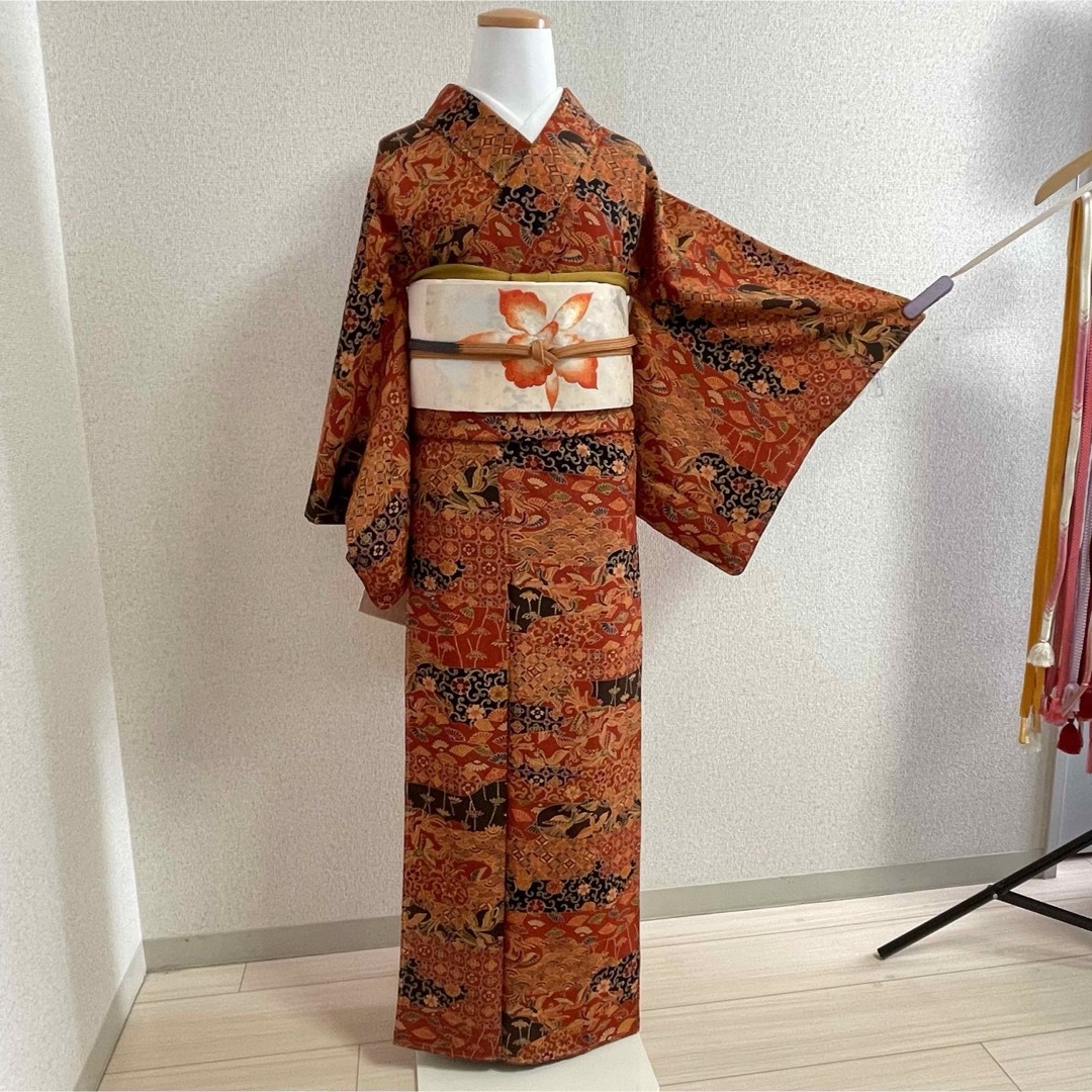 袷 正絹 小紋 着物 赤  裄64.5 kimono 和服 呉服 和装 冬 春前4㎝後6cm裄