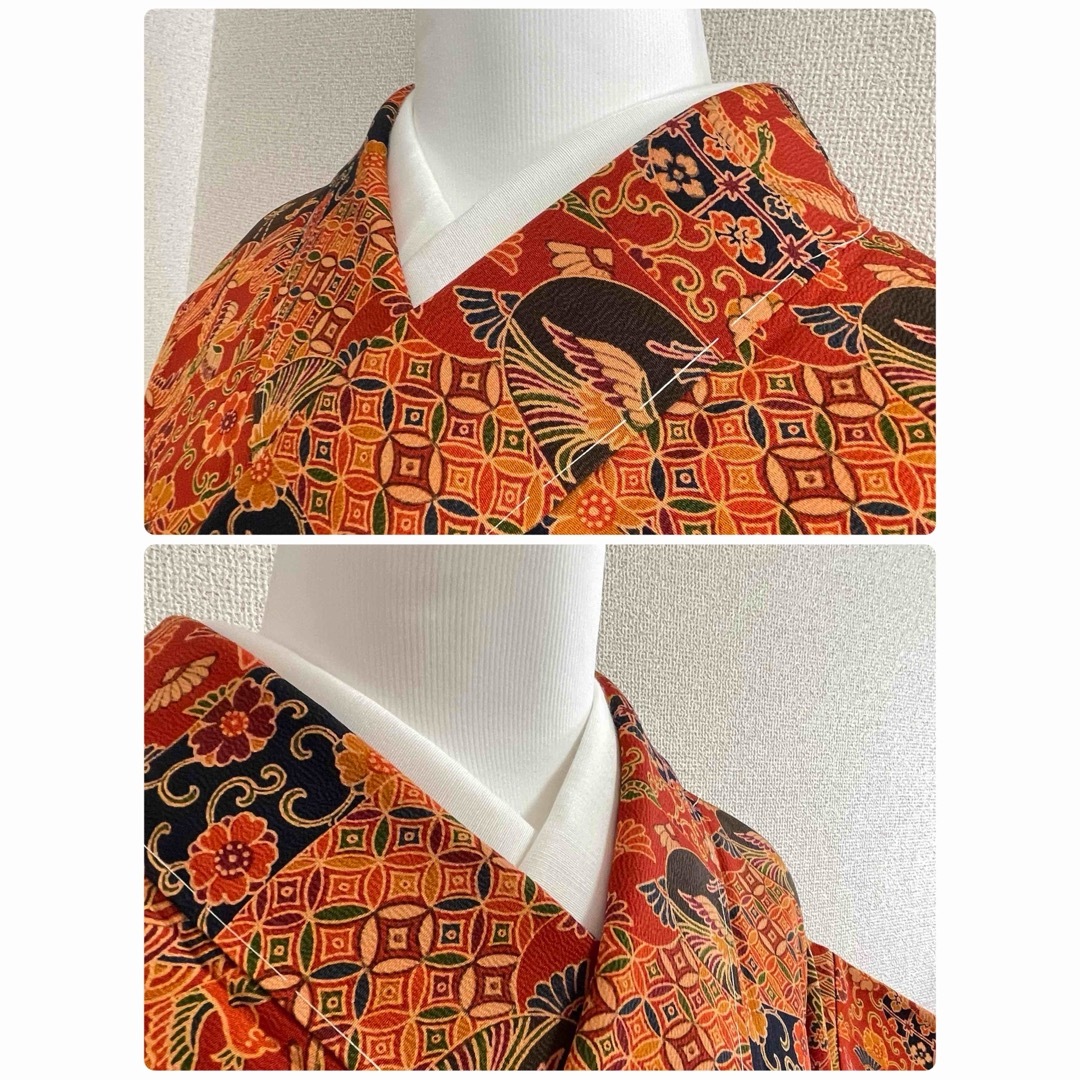袷 正絹 小紋 着物 赤  裄64.5 kimono 和服 呉服 和装 冬 春前4㎝後6cm裄
