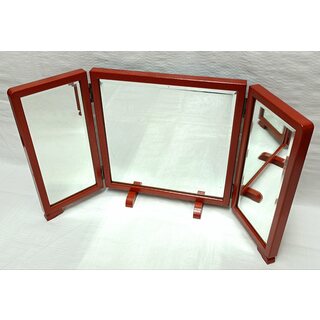 ・ビンテージ　天然木製朱塗　卓上三面鏡(卓上ミラー)