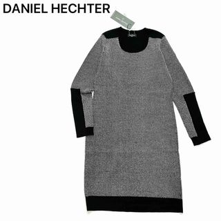 新品✨DANIEL HECHTER ニット ワンピース ウール 膝丈 黒 白 S(ひざ丈ワンピース)