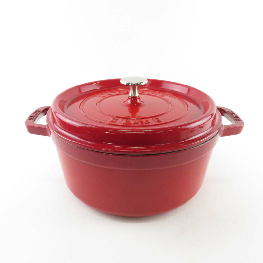 キッチン/食器美品 STAUB ストウブ ピコココットラウンド 両手鍋 1点 鋳物ホーロー 24cm チェリーレッド 赤 料理 調理器具 SU4637Z