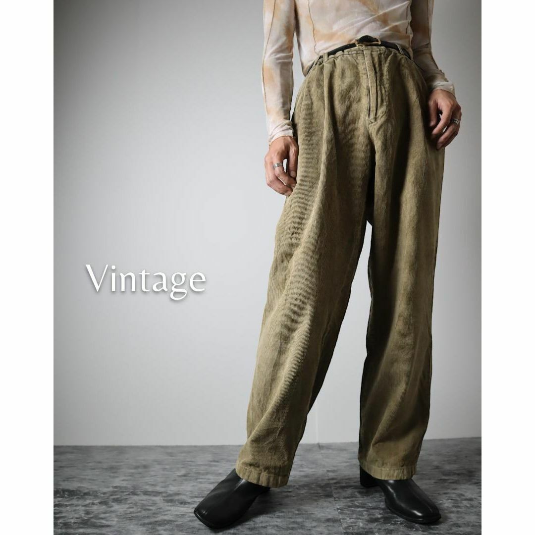 ART VINTAGE(アートヴィンテージ)の【vintage】2タック ワイド 細畝 コーデュロイパンツ W35 ベージュ メンズのパンツ(チノパン)の商品写真