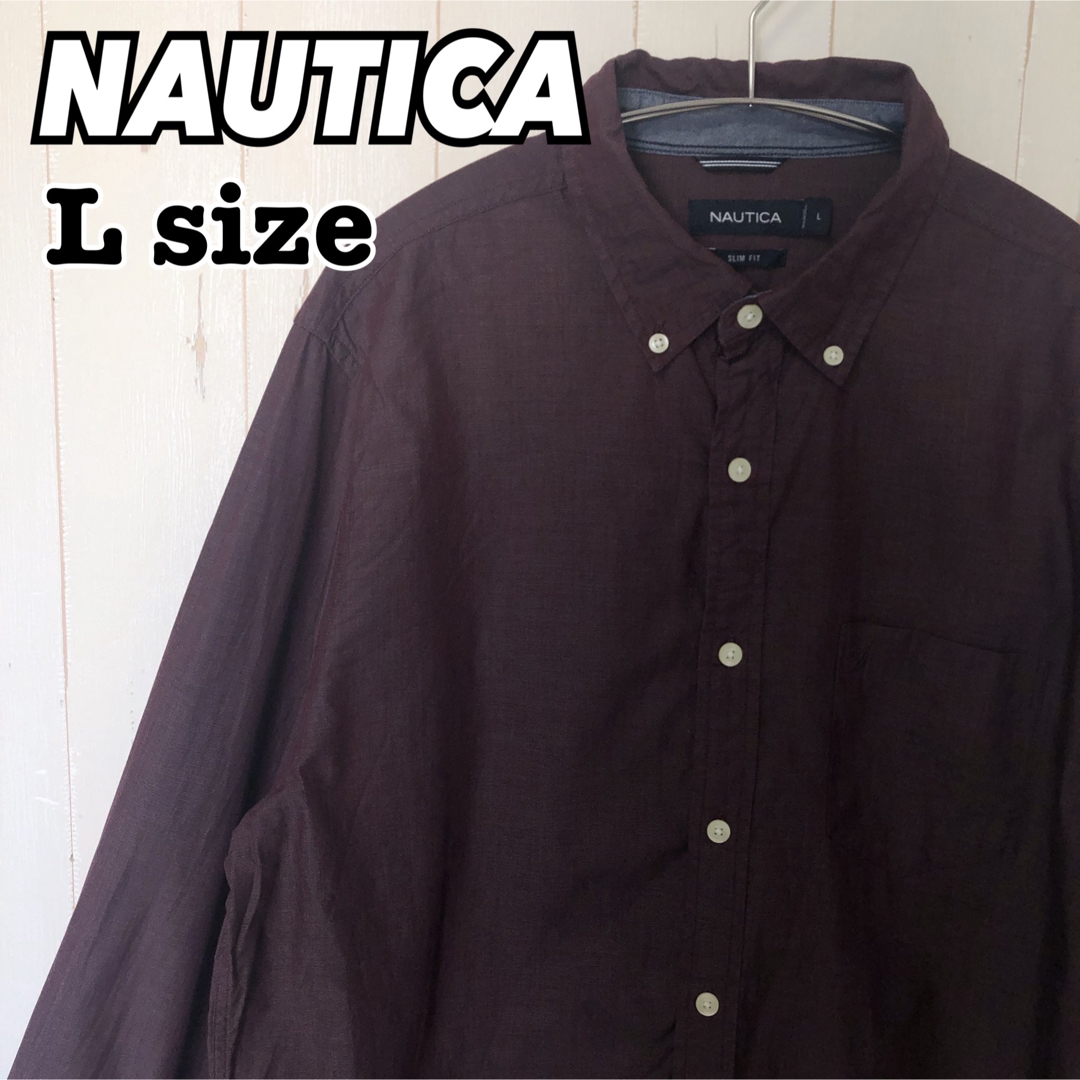 NAUTICA(ノーティカ)のNAUTICA ノーティカ ボタンダウンシャツ ボルドー 刺繍ロゴ 無地 古着 メンズのトップス(シャツ)の商品写真