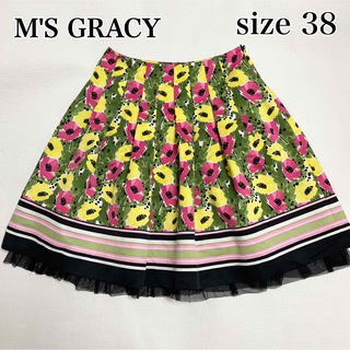 エムズグレイシー(M'S GRACY)の【美品】M'S GRACY スカート 花柄  レース チュール 38 M(ひざ丈スカート)