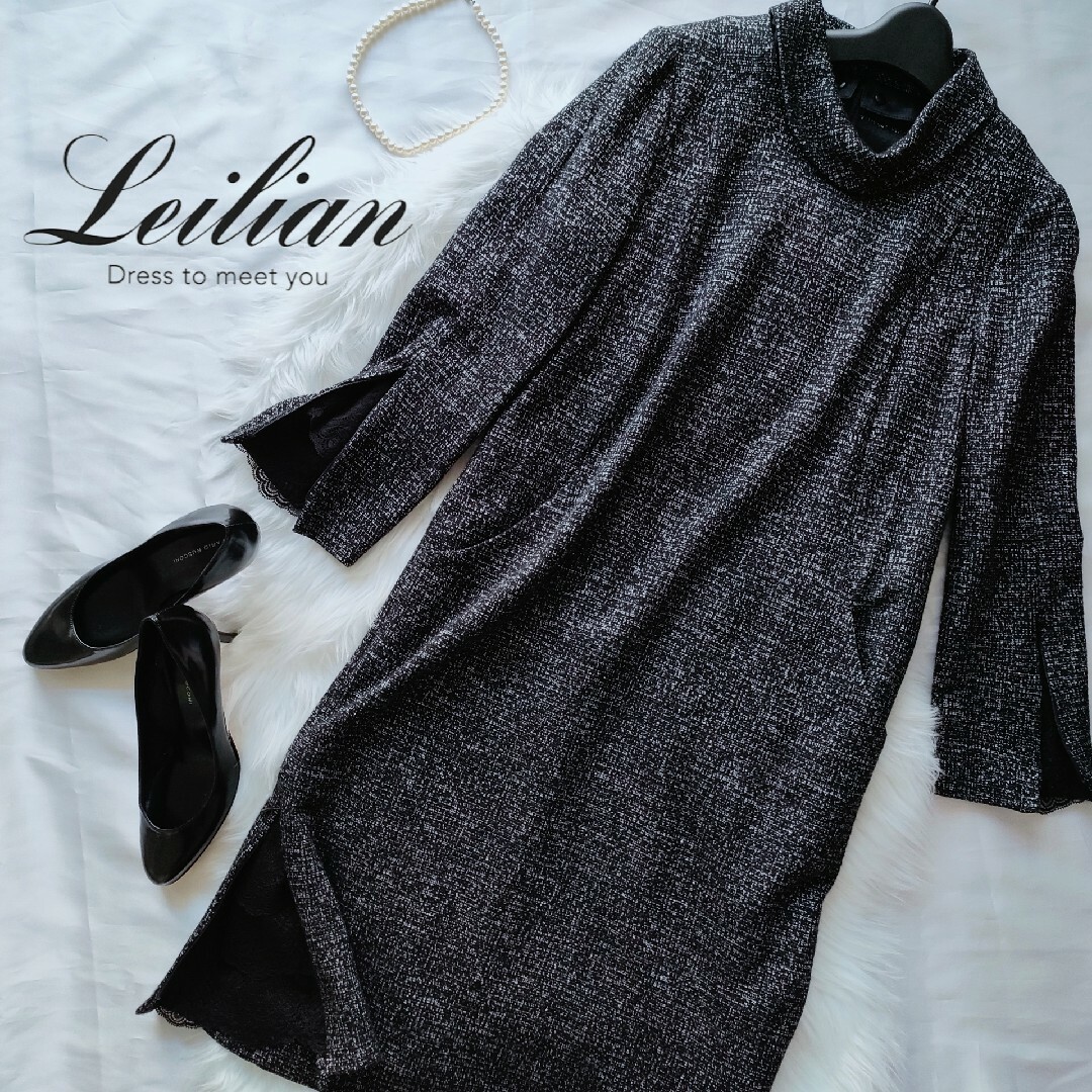 leilian(レリアン)の美品✨レリアン 高級服 長袖 2way 衿付 日本製 ワンピース 9号 レディースのワンピース(ひざ丈ワンピース)の商品写真