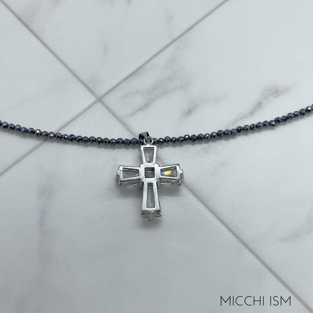 高級クリスタル十字架ペンダント テラヘルツ鉱石2mm玉 ネックレス 高品質 大人チョーカー