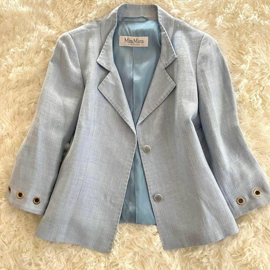 Max Mara - MaxMaraリネン麻ツイードスカートスーツセットアップ水色36