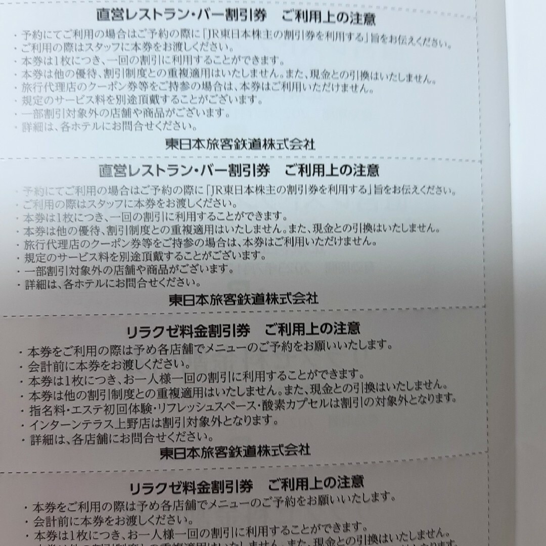 JR(ジェイアール)のjr東日本 株主サービス券 直営レストランバー リラクゼ 割引券 チケットの優待券/割引券(レストラン/食事券)の商品写真