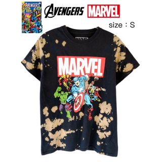 マーベル(MARVEL)のAvengers　Tシャツ　ダイタイ柄　S　黒Ｘベージュ　USA古着(Tシャツ/カットソー(半袖/袖なし))